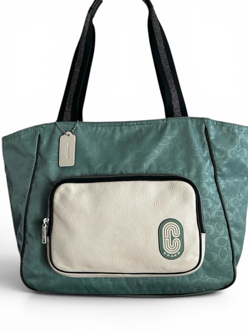 COACH Court Color Block Nylon in Washed Green w/Leather Trim Zip Top Tote Bag